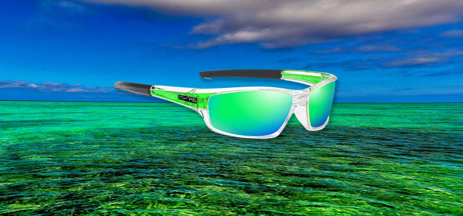 Home Page Banner of Green/Green Polarized HD Perfection Glasses with beautiful water background.