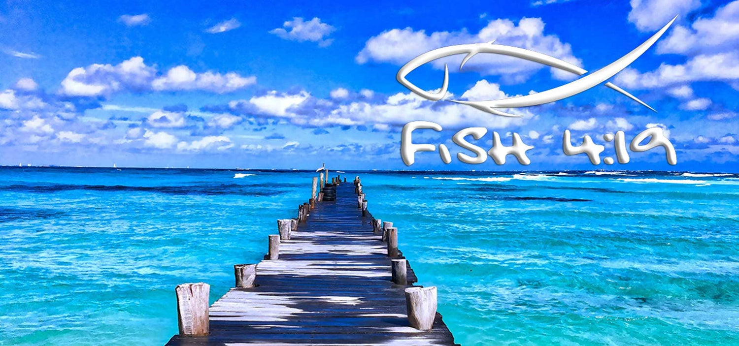 Fish 419 Home Page Banner Dock on Blue Water with Fish 4:19 Logo