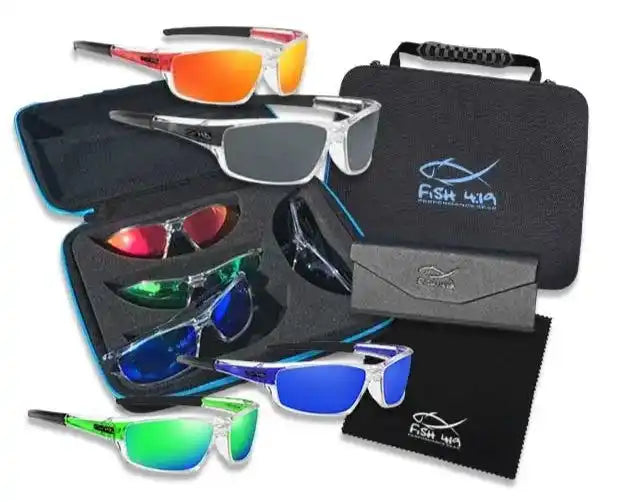 A collection of interchangeable sunglasses and accessories.