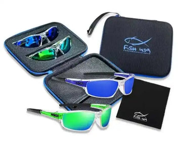 A collection of three pairs of polarized sunglasses with two hard cases and a cleaning cloth.