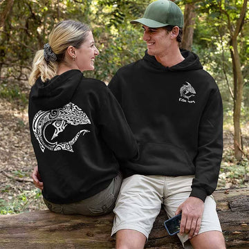 Fish 419 Shark Hoodie in Black with Man and Woman sitting on a wall smiling