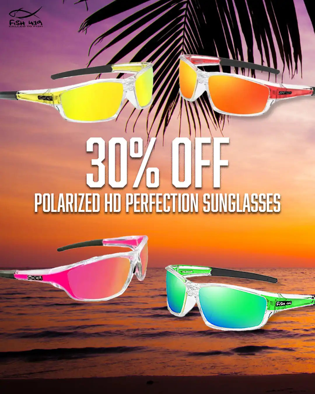 Sports sunglasses advertisement offering 30% off polarized HD perfection eyewear.