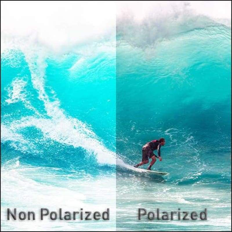 Polarized HD Perfection Sunglasses simulation of watching surfer with and without polarized lenses